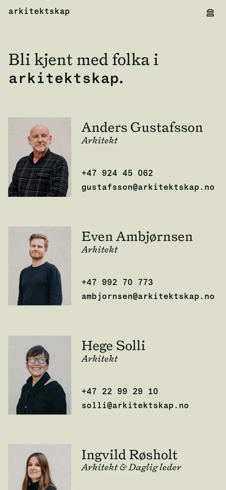The mobile version displays the same content in a single-column vertical stack, with staff portraits appearing above their respective names, roles, and contact details. The top navigation is condensed into a hamburger menu icon on the right, while the large serif headline remains prominent at the top.