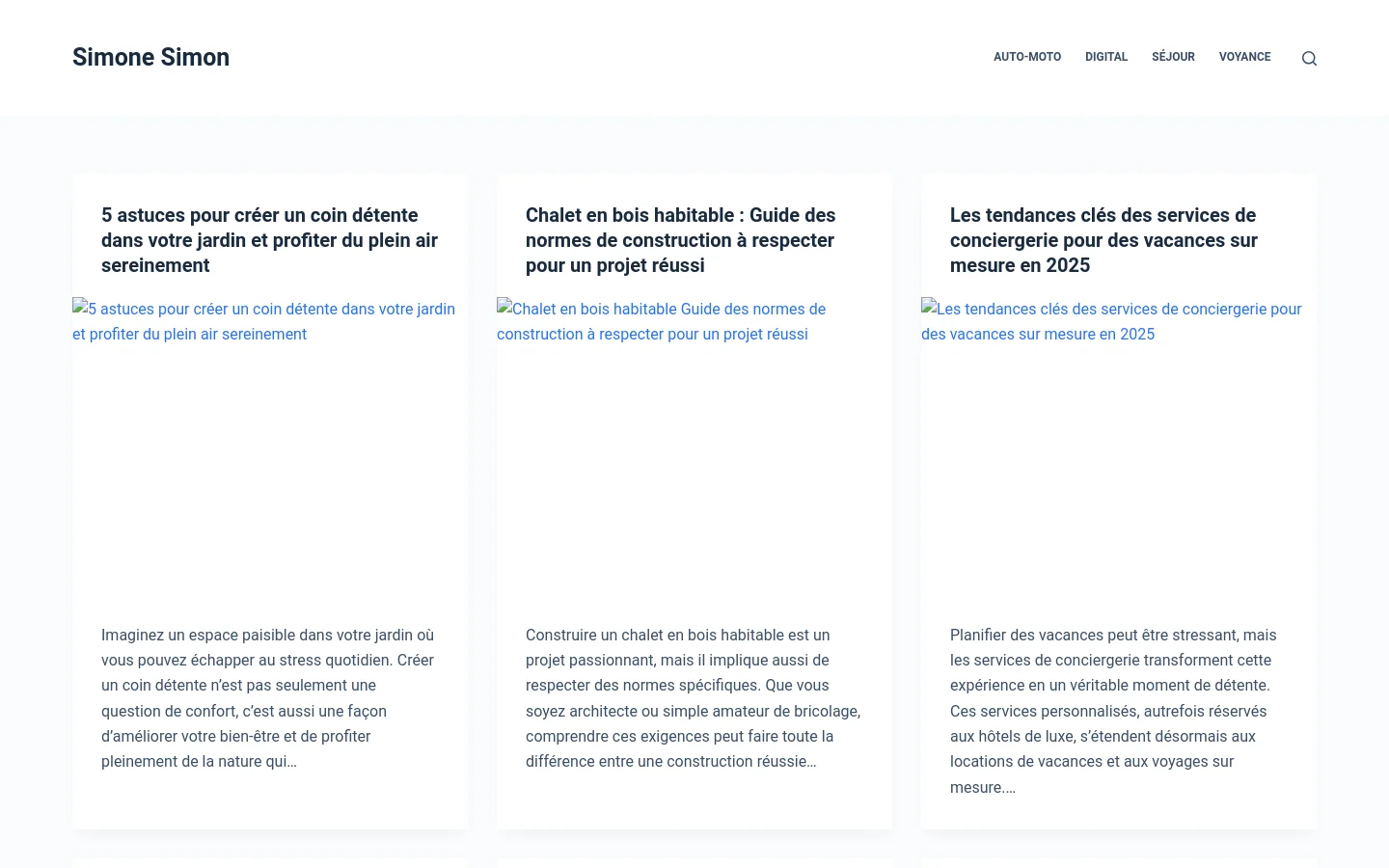 The desktop homepage features a clean, white layout with a navigation menu at the top containing links for Auto-Moto, Digital, Séjour, and Voyage. Below the header, three blog post cards are arranged in a horizontal row, each containing a headline, a featured image, and a short text excerpt. The design is minimalist with dark text on a white background.