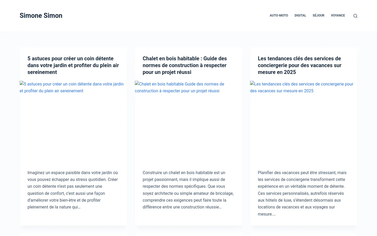 The desktop homepage features a clean, white layout with a navigation menu at the top containing links for Auto-Moto, Digital, Séjour, and Voyage. Below the header, three blog post cards are arranged in a horizontal row, each containing a headline, a featured image, and a short text excerpt. The design is minimalist with dark text on a white background.
