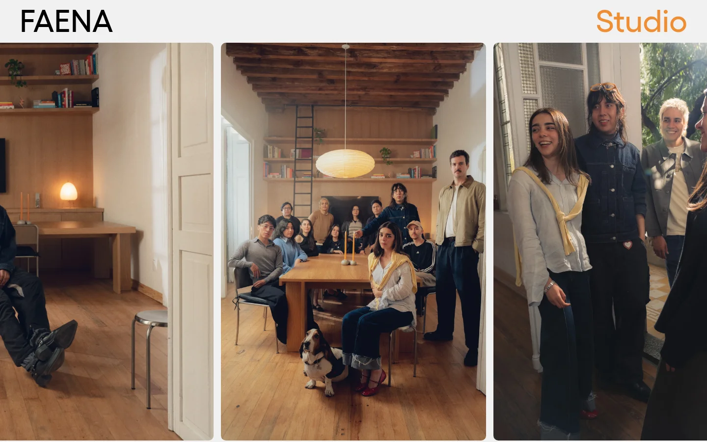 The desktop page features a large image carousel at the top showcasing lifestyle photography of a creative team in a warm, wood-toned studio. Below the carousel, the 'About' section contains Spanish text describing the studio's branding approach, followed by a 'Servicios' list of design services. The layout is clean with a white background and prominent 'FAENA Studio' branding in black and orange.