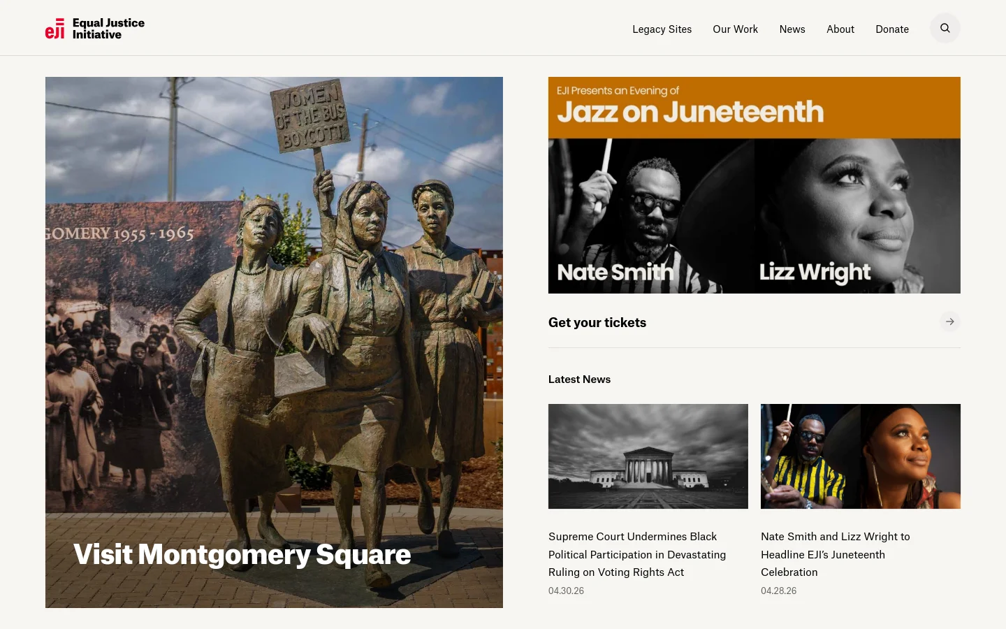 The desktop homepage features a large hero image of the Montgomery Square statue with the headline 'Visit Montgomery Square' and a call-to-action arrow. Below, a section for 'Jazz on Juneteenth' displays black-and-white portraits of Nate Smith and Lizz Wright against an amber background. The layout uses a clean white background with dark text, organized into distinct horizontal sections for news and featured events.