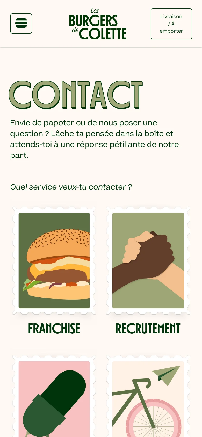 The mobile version maintains the cream background and large green 'CONTACT' headline but rearranges the layout for a vertical scroll. The four service options, styled as postage stamps with colorful illustrations and green labels, are displayed in a two-column grid instead of a single horizontal row. The navigation menu is condensed into a hamburger icon at the top left.