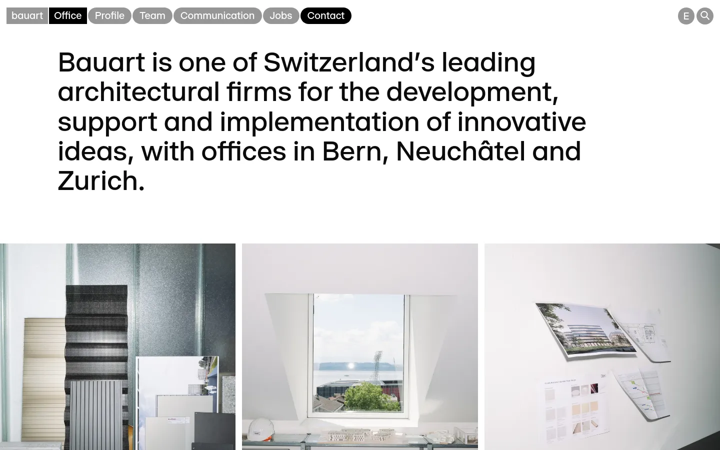 The desktop contact page features a clean, minimalist white background with large black typography stating the firm's mission. Below the headline, a row of three architectural detail photographs is displayed, showing textures of glass, wood, and light. The navigation menu is at the top with links for Office, Profile, Team, Communication, Jobs, and Contact.
