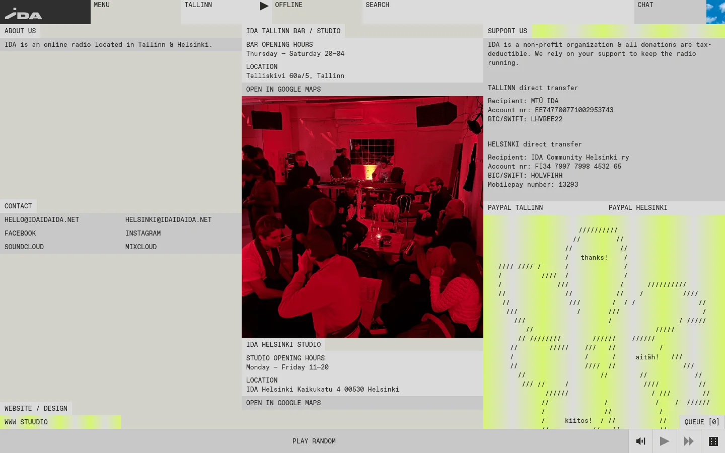 The About page features a minimalist, light gray layout with text organized into columns. It includes sections for 'About Us', 'Contact', 'Website / Design', 'IDA Tallinn Bar / Studio' with a large red-tinted photo of a crowded bar, 'IDA Helsinki Studio', and 'Support us' with banking details. A navigation menu is at the top, and a music player bar is at the bottom.