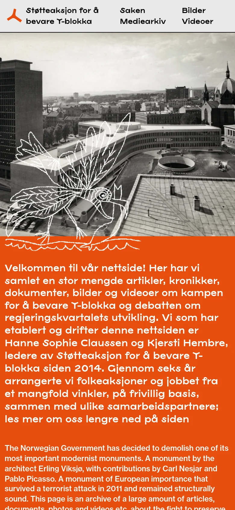 The mobile version presents a vertical layout starting with a header containing the site logo and navigation links. Below, the large black and white image of the Y-block with the bee illustration is displayed, followed by a large orange block containing the main introductory text. The layout is simplified into a single column for easier scrolling on small screens.