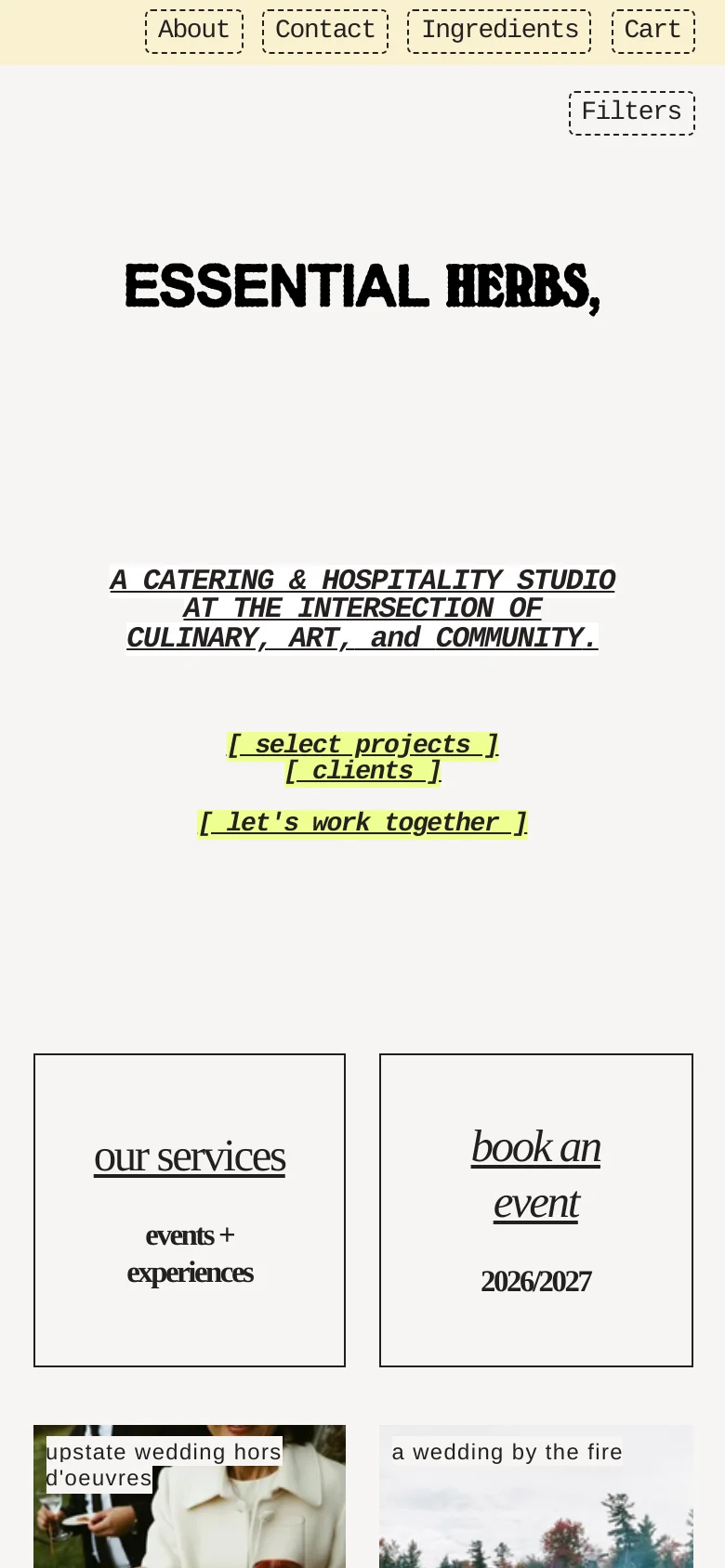 The mobile version presents a vertically stacked layout optimized for scrolling, with the 'ESSENTIAL HERBS' branding and mission statement at the top. Large, full-width image tiles and text blocks for services and booking follow, maintaining the clean aesthetic and high-contrast black-on-white color scheme of the desktop site.