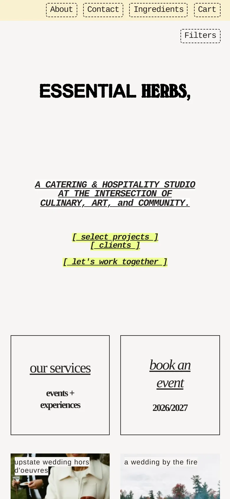 The mobile version presents a vertically stacked layout optimized for scrolling, with the 'ESSENTIAL HERBS' branding and mission statement at the top. Large, full-width image tiles and text blocks for services and booking follow, maintaining the clean aesthetic and high-contrast black-on-white color scheme of the desktop site.
