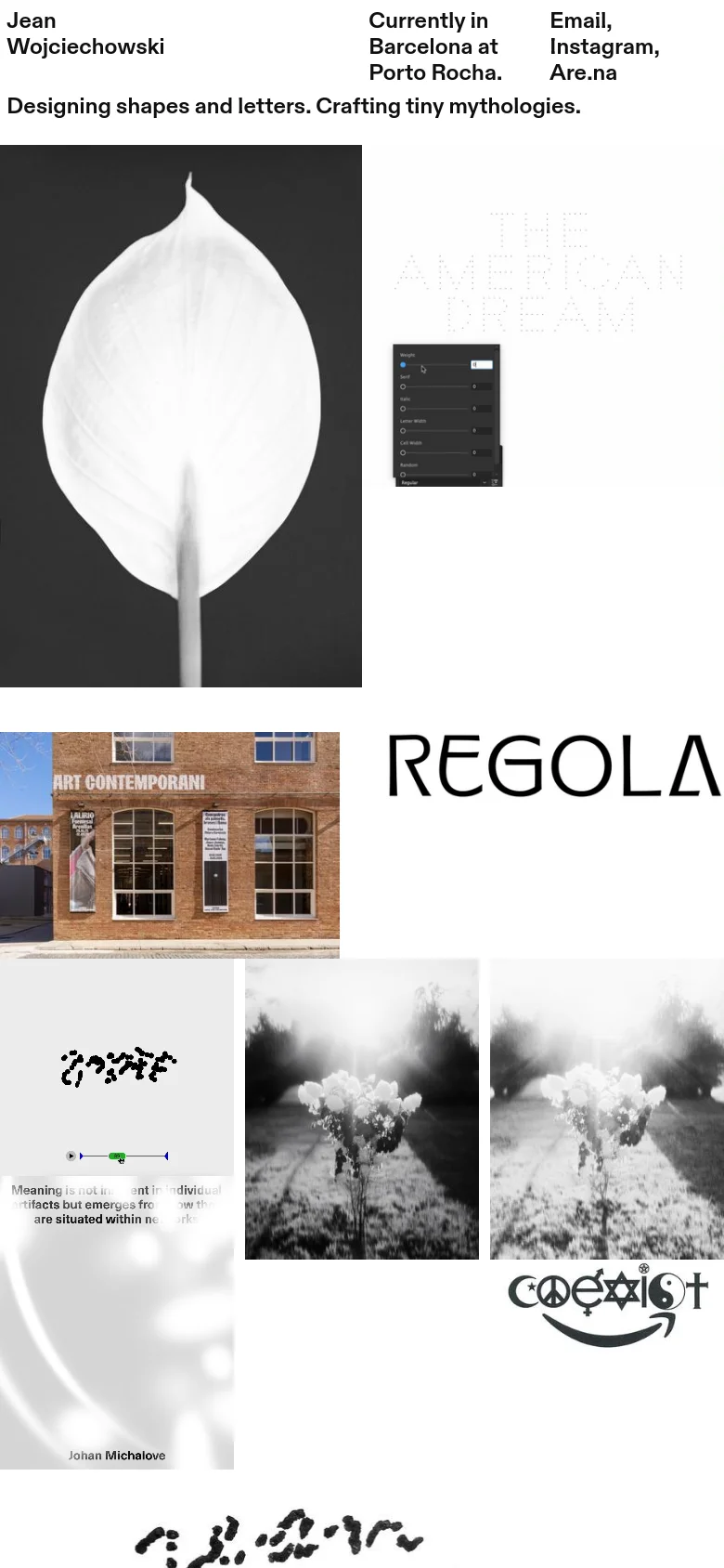 The mobile version presents a vertically stacked layout, starting with the designer's name and contact links at the top. Below the text, the large black and white leaf image is followed by the typographic 'THE AMERICAN DREAM' display and various project thumbnails in a single column, maintaining the minimalist black and white aesthetic.