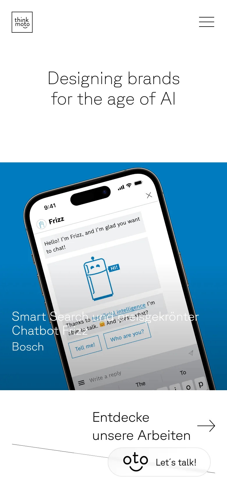The mobile version uses a vertical layout with a centered headline 'Designing brands for the age of AI' and a hamburger menu icon at the top right. Below the headline, a large hero image shows a smartphone displaying a chatbot interface against a bright blue background. A prominent 'Let's talk!' button is positioned at the bottom.