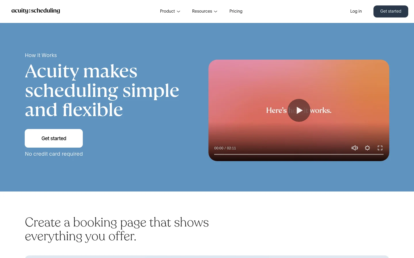 The desktop page features a blue hero section with the headline 'Acuity makes scheduling simple and flexible' and a white 'Get started' button. To the right is a large video player with a warm orange and pink gradient background. Below the hero, the layout transitions to a white background with large text headings and alternating sections describing features.