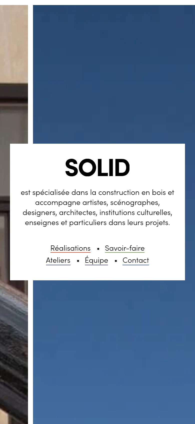 The mobile version displays a zoomed-in view of the background imagery, focusing on a blue-toned texture. The central white box remains the focal point, containing the 'SOLID' headline, service description, and navigation links arranged in a stacked or condensed layout.