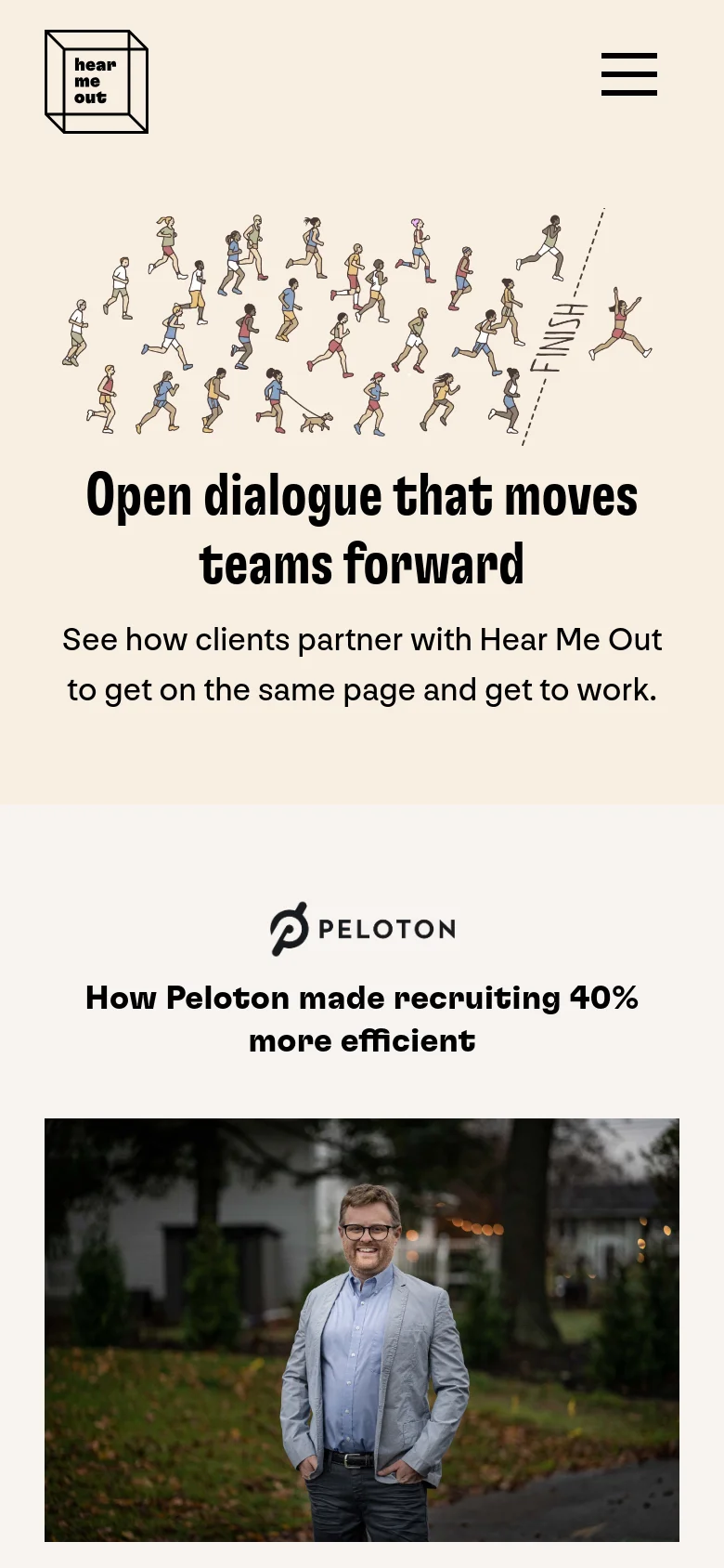 The mobile version uses a simplified layout with a hamburger menu icon in the top right and the brand logo on the left. The hero illustration of marathon runners and the headline 'Open dialogue that moves teams forward' are centered and scaled to fit the narrow screen. The Peloton case study follows below, with the text and image stacked vertically for easy scrolling.