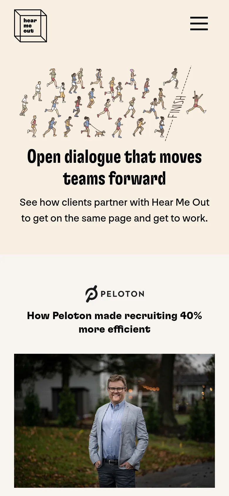 The mobile version uses a simplified layout with a hamburger menu icon in the top right and the brand logo on the left. The hero illustration of marathon runners and the headline 'Open dialogue that moves teams forward' are centered and scaled to fit the narrow screen. The Peloton case study follows below, with the text and image stacked vertically for easy scrolling.