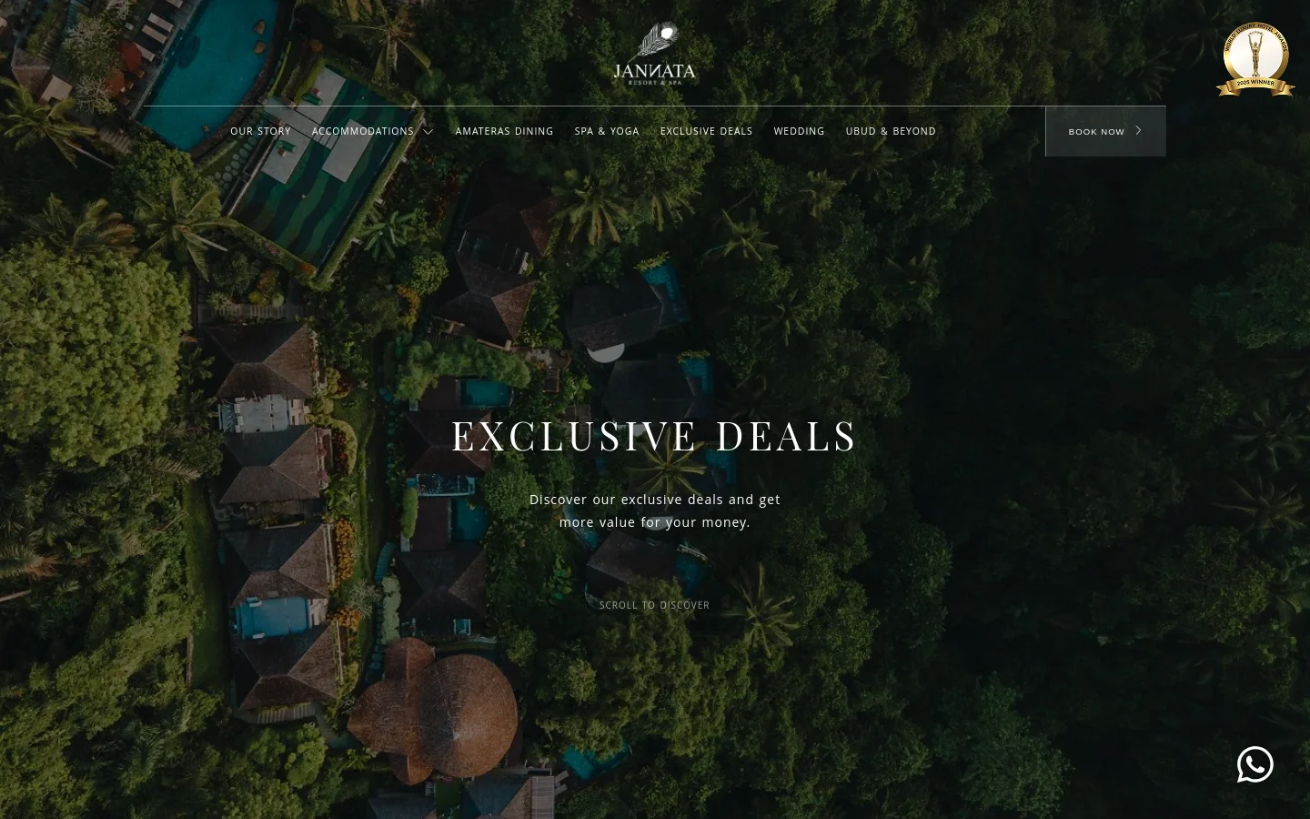 The desktop landing page features a high-angle aerial view of a lush jungle resort with villas and pools. A white navigation menu sits at the top with links like 'Our Story' and 'Accommodations,' a 'Book Now' button on the right, and the large headline 'EXCLUSIVE DEALS' centered over the image.