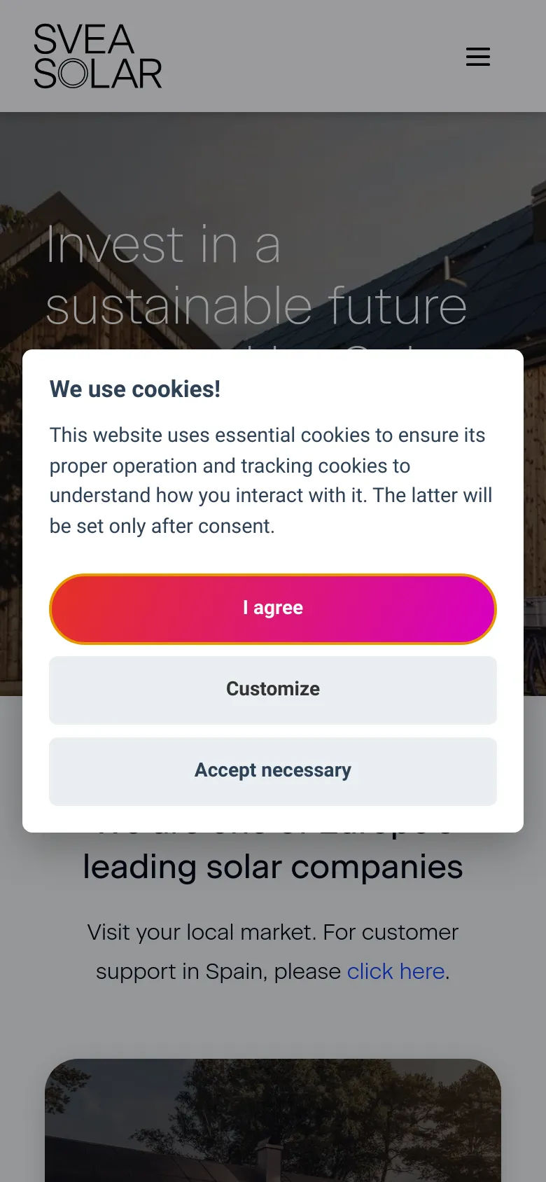 The mobile version presents a vertically stacked layout, starting with a hamburger menu and the Svea Solar logo at the top. The hero text is centered over a darkened solar panel image, and the cookie consent modal occupies a prominent central position. The market selection cards are resized to fit the narrow screen width, appearing one after another in a single column.