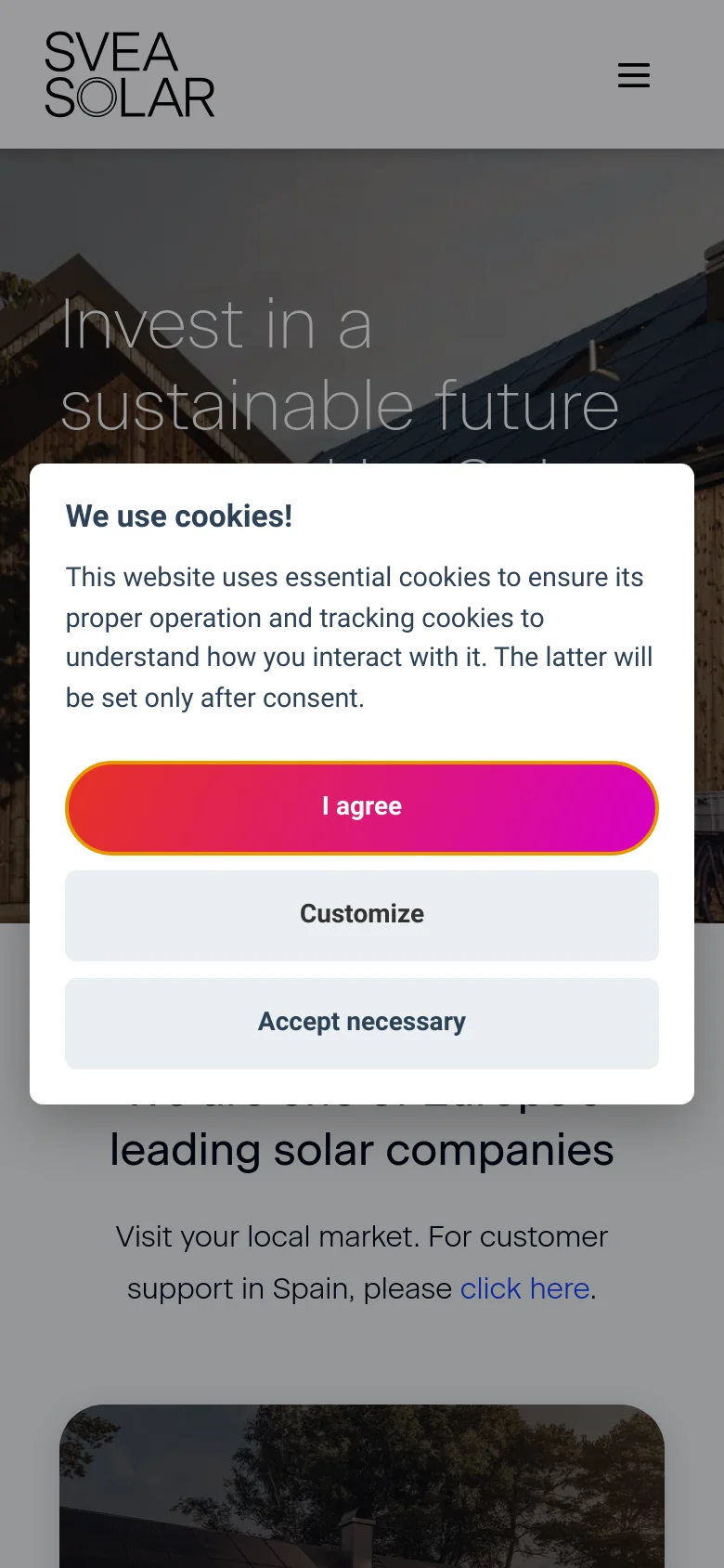 The mobile version presents a vertically stacked layout, starting with a hamburger menu and the Svea Solar logo at the top. The hero text is centered over a darkened solar panel image, and the cookie consent modal occupies a prominent central position. The market selection cards are resized to fit the narrow screen width, appearing one after another in a single column.