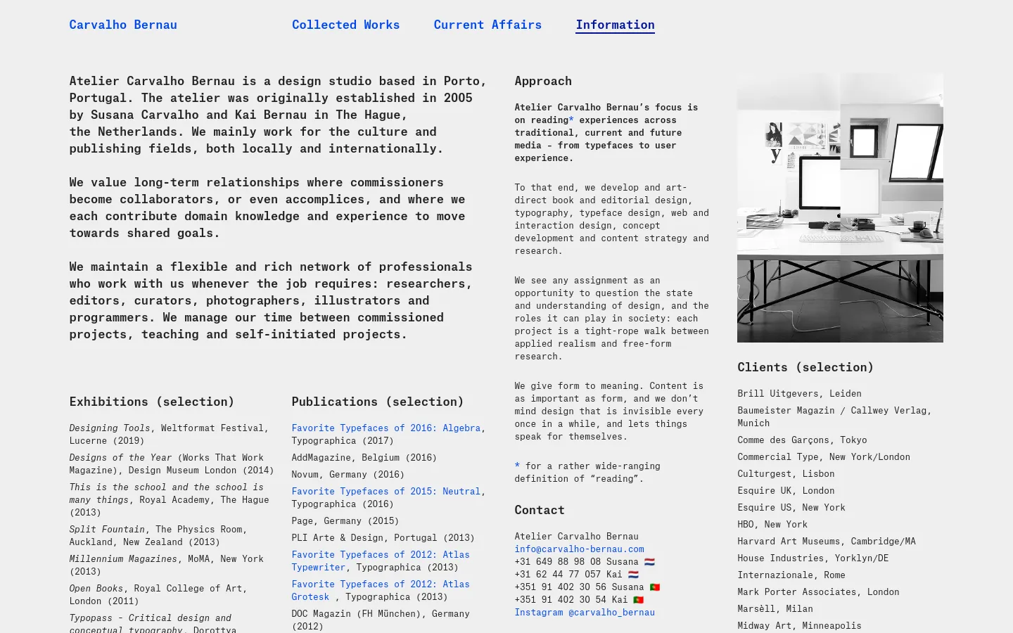 The desktop page features a minimalist design with a light gray background and black serif typography. The layout uses a multi-column grid to organize text sections including 'Approach', 'Exhibitions', 'Publications', and 'Clients', accompanied by a large rectangular photograph of a grayscale architectural scene on the right.
