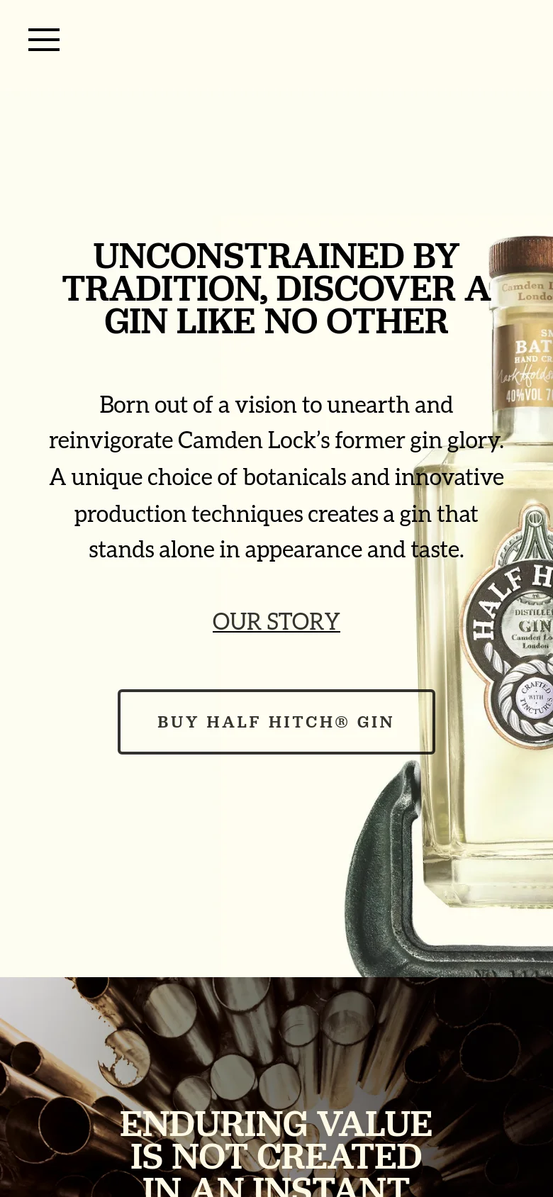 The mobile version uses a stacked layout with the large headline and descriptive text positioned above the gin bottle image. The navigation menu is condensed into a hamburger icon at the top left, and the call-to-action buttons are centered below the text for easier tapping.