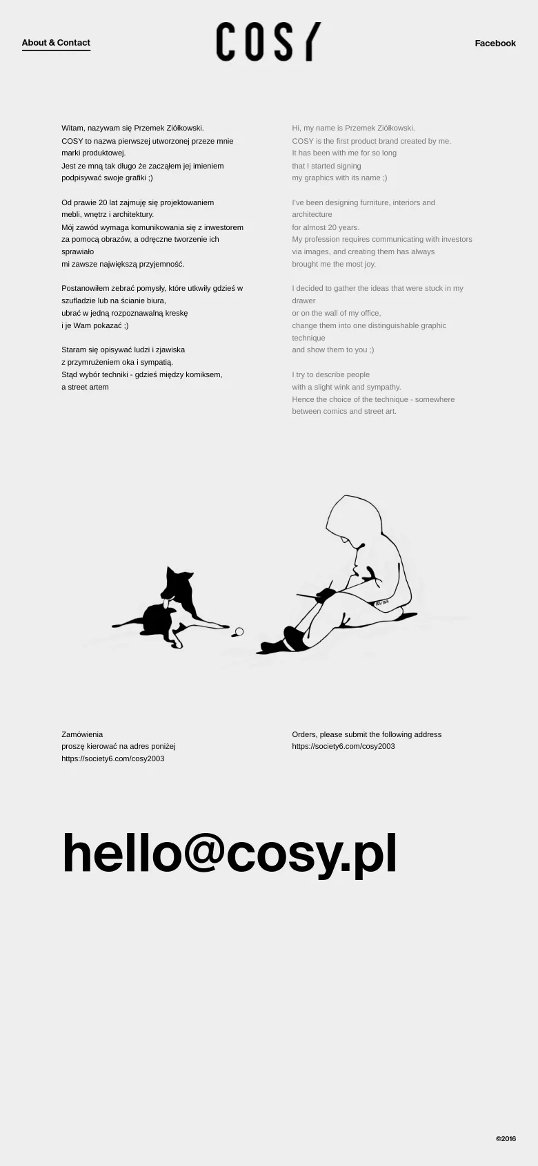 The mobile version maintains the minimalist white and black aesthetic but uses a single-column layout. The text is stacked vertically, and the 'COSY' logo remains a central header element above the biographical information and contact email.