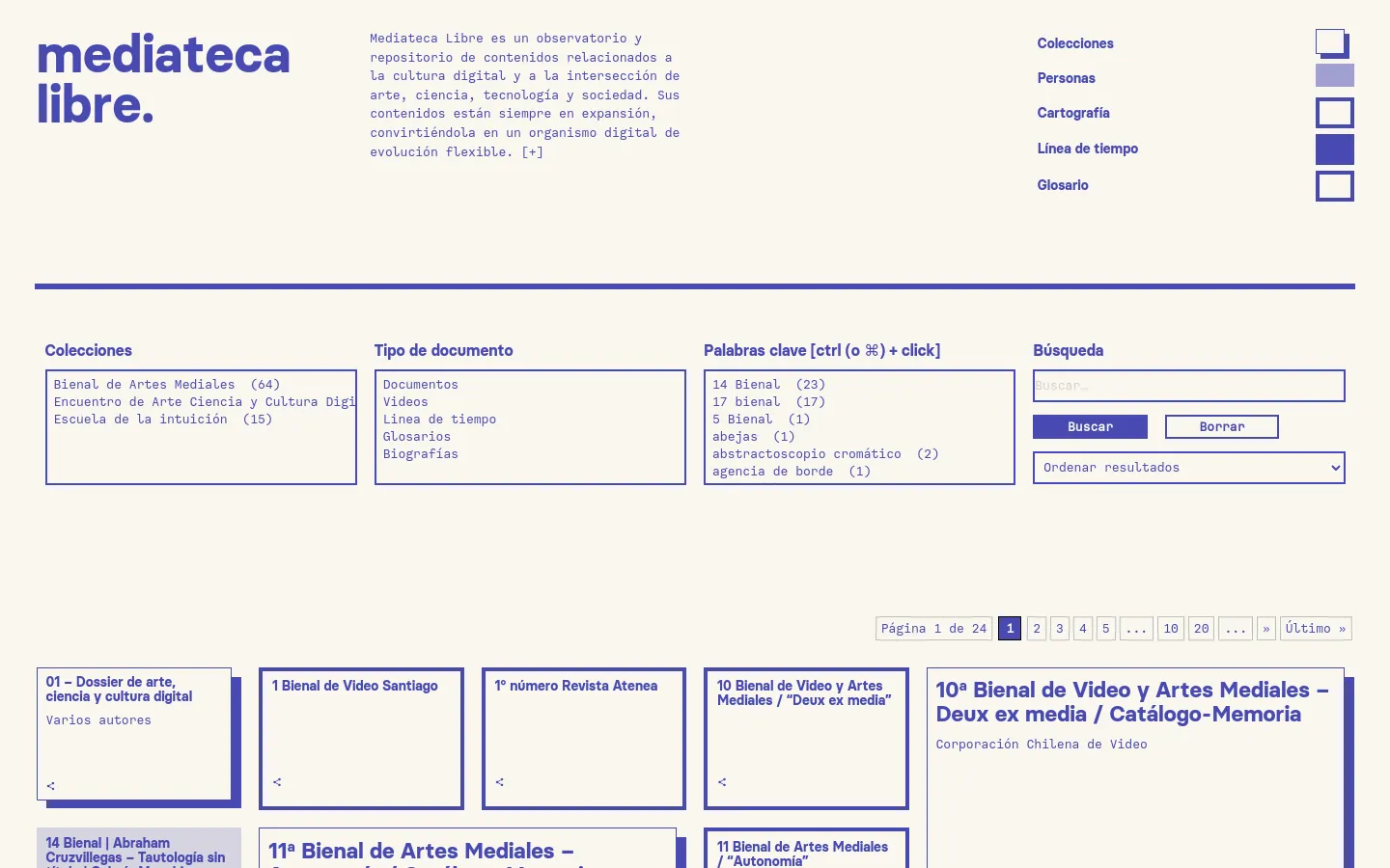 The Mediateca Libre homepage features a clean, minimalist layout with a white background and blue accents. The header contains the logo on the left, a brief mission statement in the center, and a navigation menu on the right. Below, a grid of content cards displays titles like '01 – Dossier de arte, ciencia y cultura digital' alongside filtering options and pagination.