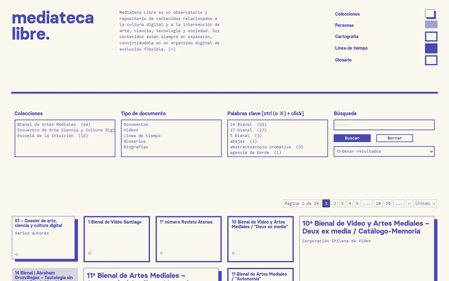 The Mediateca Libre homepage features a clean, minimalist layout with a white background and blue accents. The header contains the logo on the left, a brief mission statement in the center, and a navigation menu on the right. Below, a grid of content cards displays titles like '01 – Dossier de arte, ciencia y cultura digital' alongside filtering options and pagination.