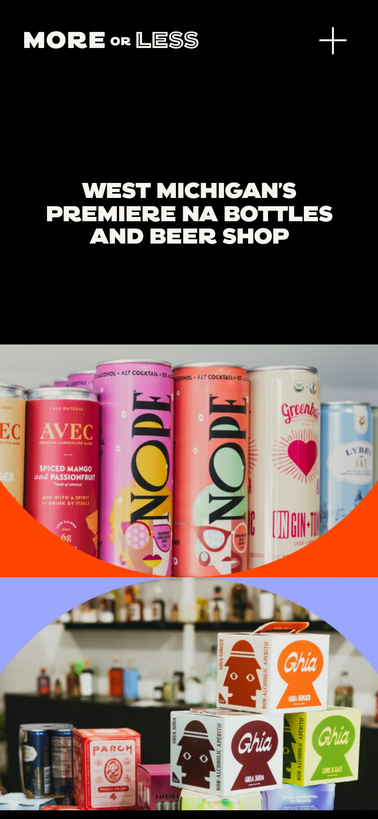 The mobile version presents a vertically stacked layout with a black header containing the logo and a menu icon. Large, bold white typography is centered on a black background, followed by full-width images of colorful beverage cans and boxed products against vibrant orange and blue backgrounds.