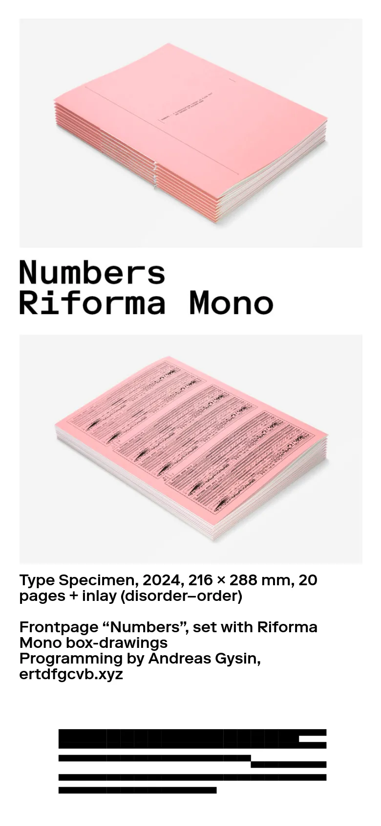 The mobile version maintains the minimalist white aesthetic and black typography but stacks the content vertically. The large headline 'Numbers Riforma Mono' is positioned between images of the pink type specimen book, which are scaled to fit the narrower screen width.