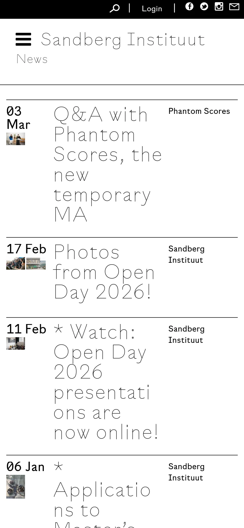 The mobile version simplifies the layout by removing the left sidebar and replacing it with a hamburger menu icon at the top left. The news feed remains the primary focus, with large, legible serif headlines and thumbnail images stacked vertically on a clean white background.