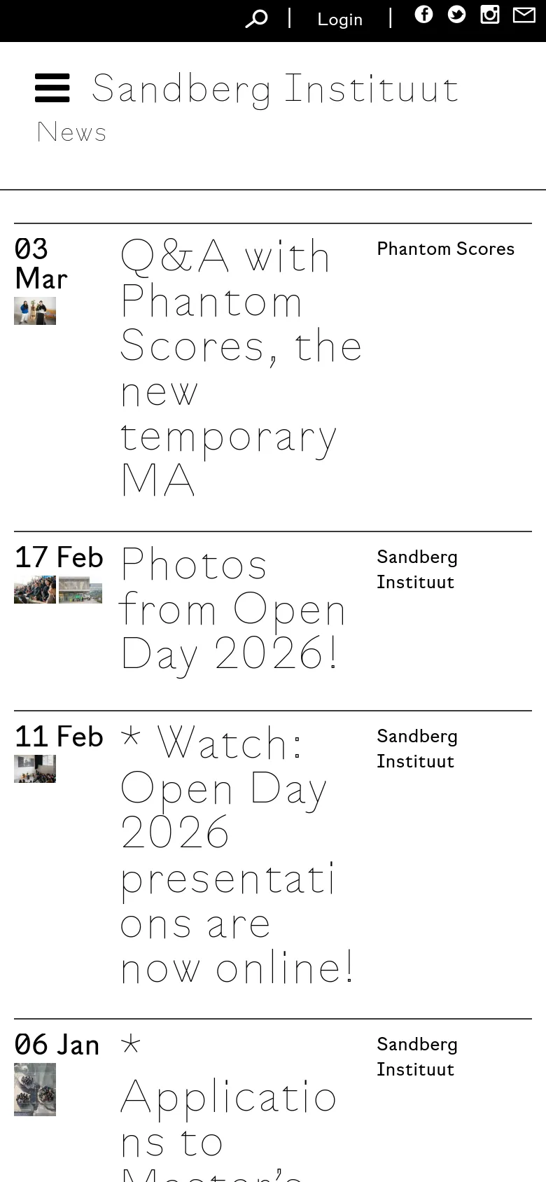 The mobile version simplifies the layout by removing the left sidebar and replacing it with a hamburger menu icon at the top left. The news feed remains the primary focus, with large, legible serif headlines and thumbnail images stacked vertically on a clean white background.