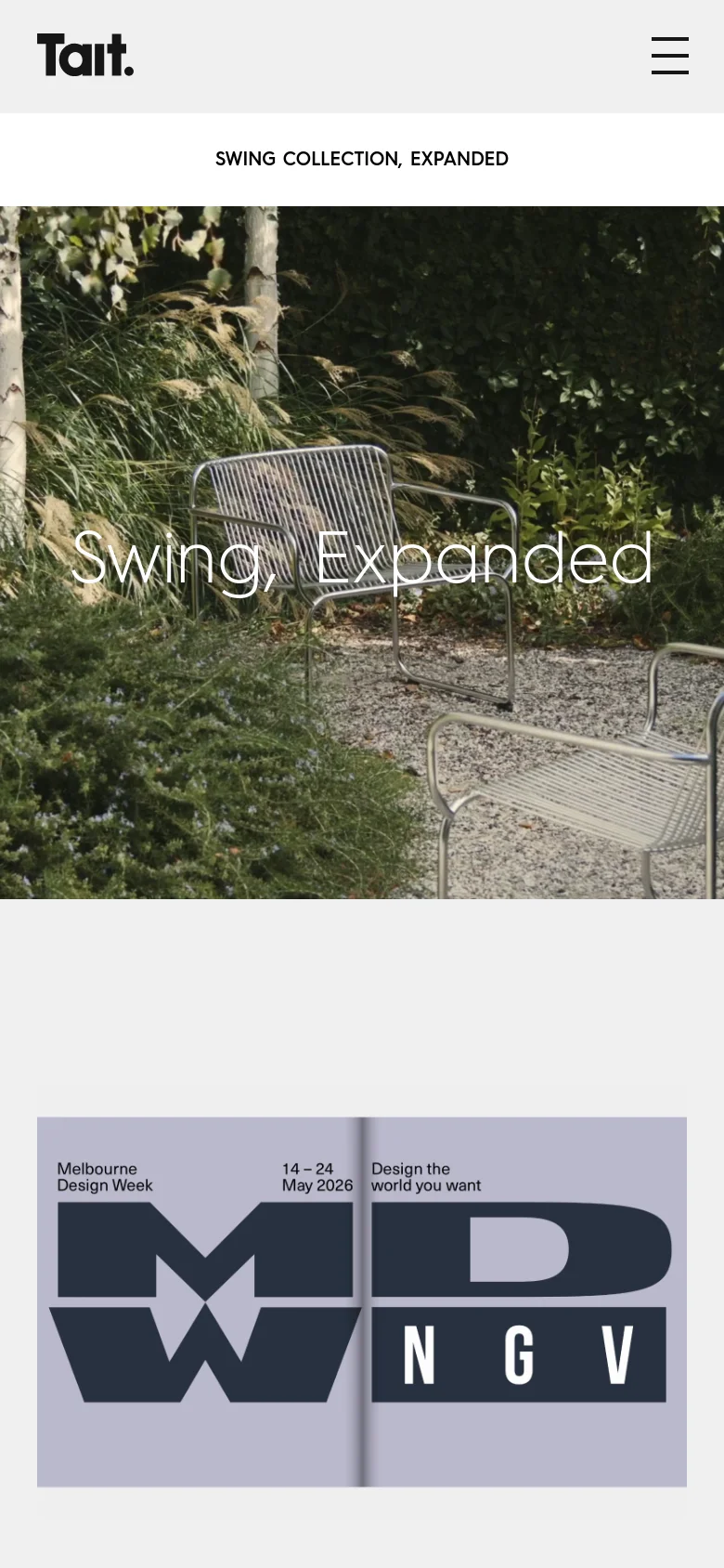 The mobile version simplifies the layout with a condensed header featuring the Tait logo and a hamburger menu icon. The hero section maintains the full-width garden imagery and 'Swing, Expanded' headline, but text and images are stacked vertically for easier scrolling on a narrow screen.