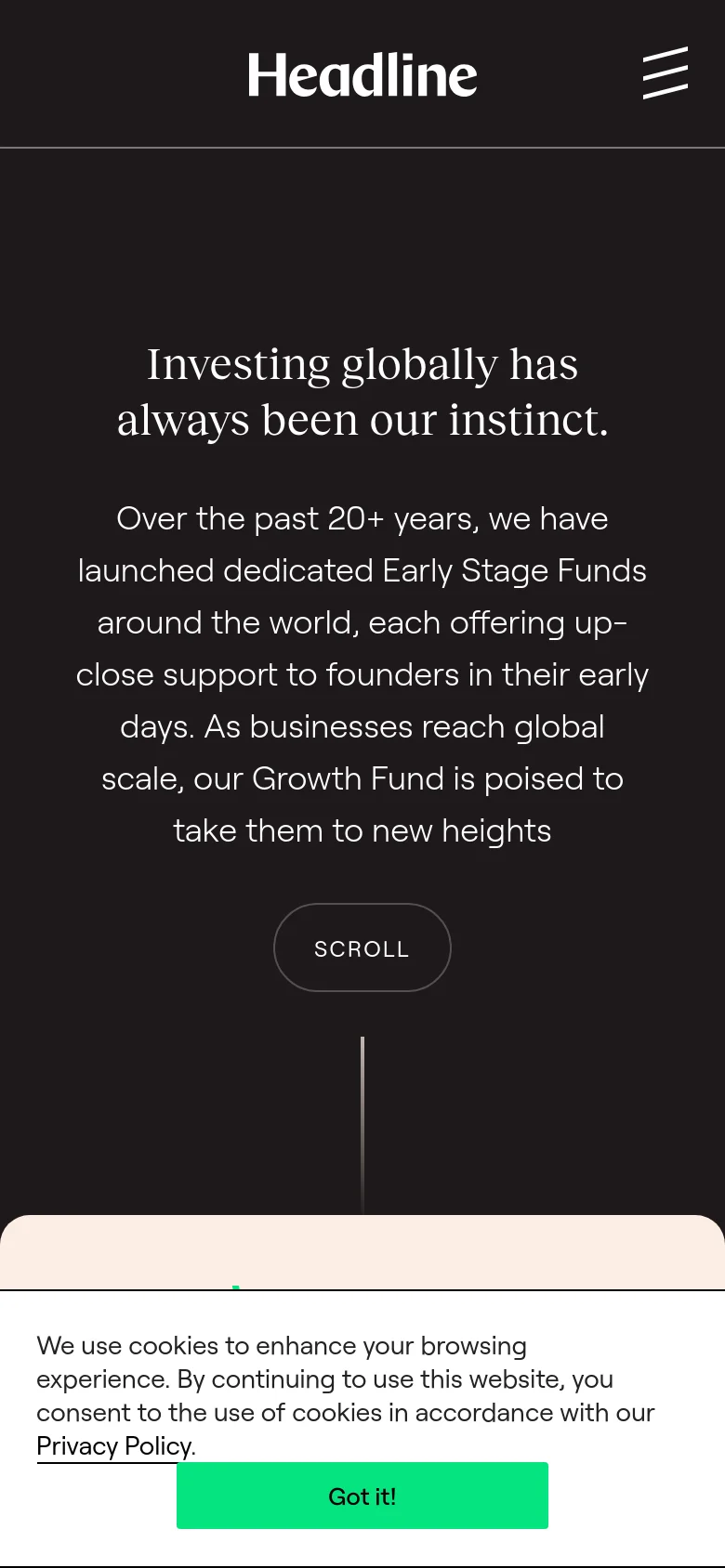 The mobile version presents a simplified, vertically stacked layout on a dark background. The hero text and paragraph are centered and scaled down to fit the narrow screen, followed by a prominent 'SCROLL' button. The navigation is condensed into a hamburger menu icon in the top right corner, and a bright green cookie consent banner appears at the bottom.