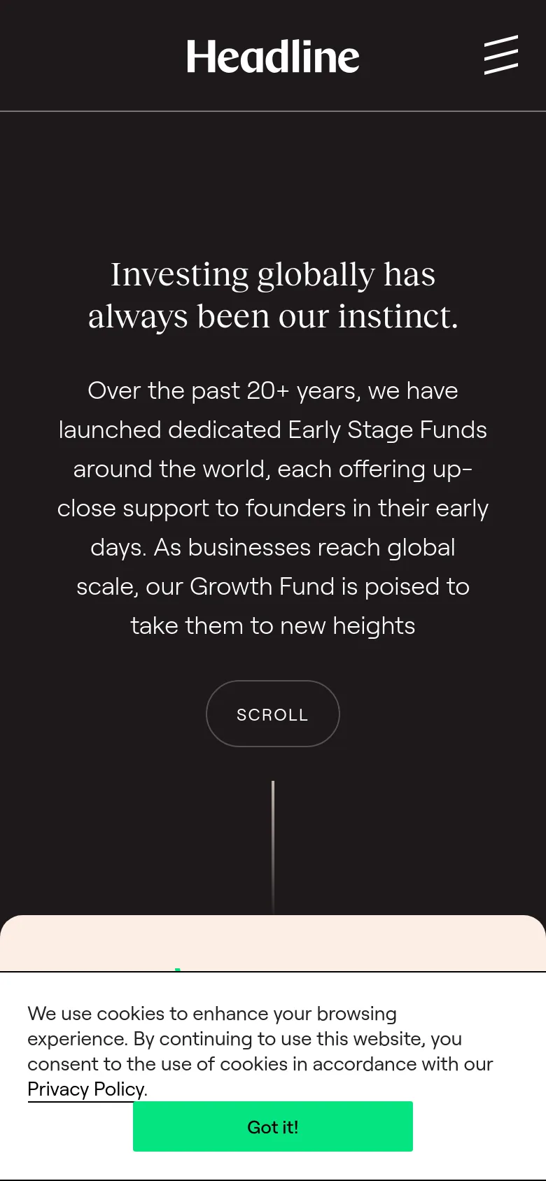 The mobile version presents a simplified, vertically stacked layout on a dark background. The hero text and paragraph are centered and scaled down to fit the narrow screen, followed by a prominent 'SCROLL' button. The navigation is condensed into a hamburger menu icon in the top right corner, and a bright green cookie consent banner appears at the bottom.