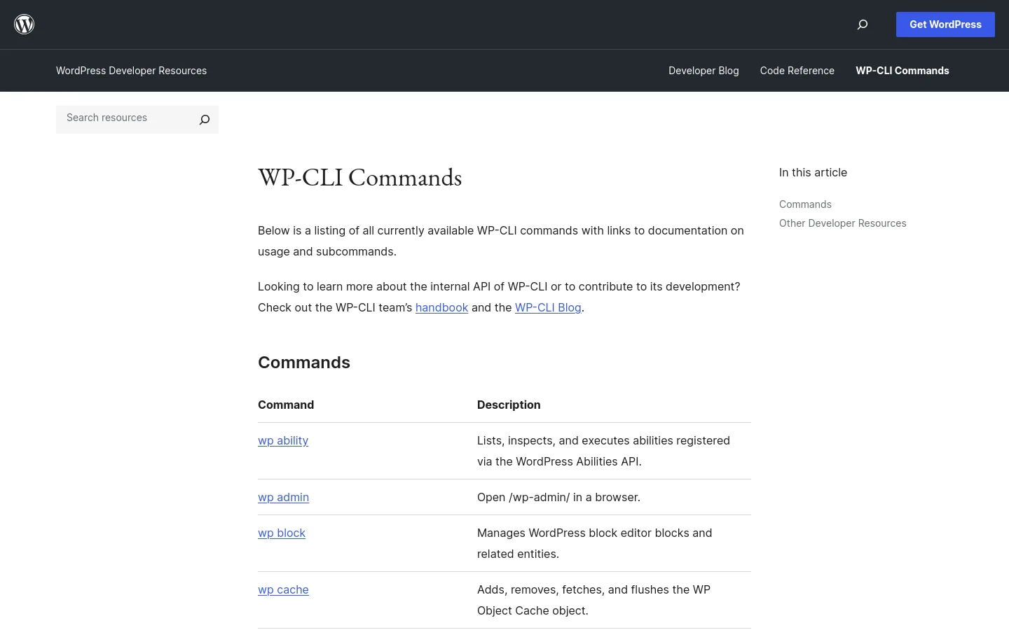 The desktop page features a clean, white layout with a dark header containing the WordPress logo, search icon, and a 'Get WordPress' button. The main content displays the title 'WP-CLI Commands' followed by a search bar, an introductory paragraph, and a two-column table listing command names and their descriptions. A right-side navigation menu titled 'In this article' provides quick links to page sections.