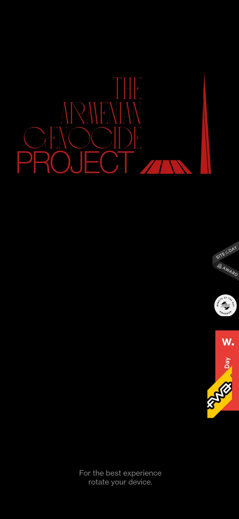 The mobile version presents a minimalist black screen with large, stylized red text reading 'THE ARMENIAN GENOCIDE PROJECT'. The layout is vertically oriented, featuring a 'Site of the Day' award badge on the right and a prompt at the bottom suggesting users rotate their device for the best experience.