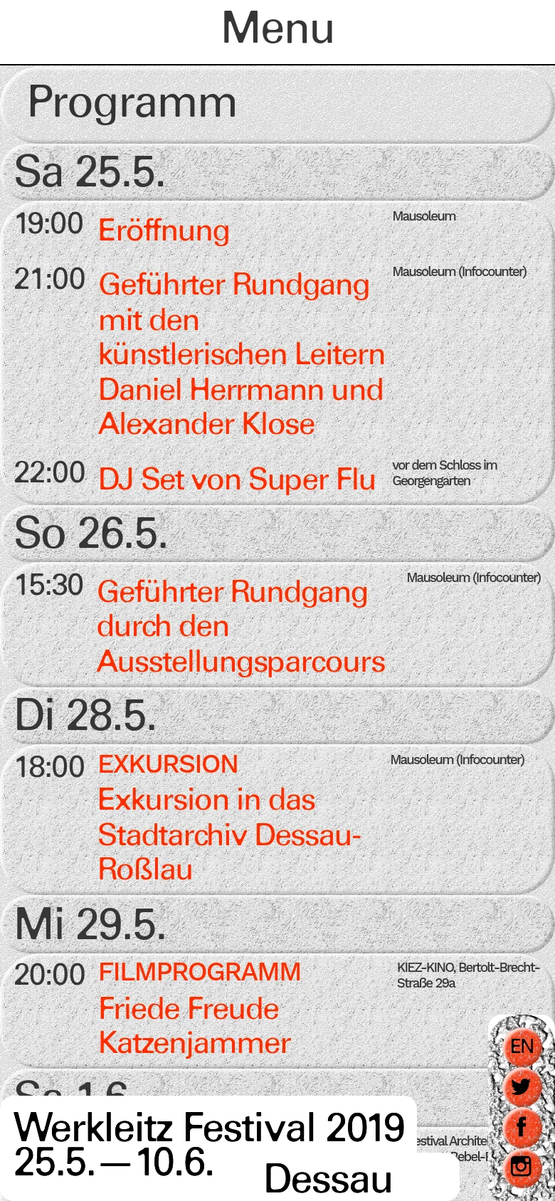The mobile version maintains the textured gray background and orange text but uses a single-column vertical layout optimized for narrow screens. The large header is removed to prioritize the 'Programm' title and the list of event times and descriptions, which are stacked vertically for easier scrolling.