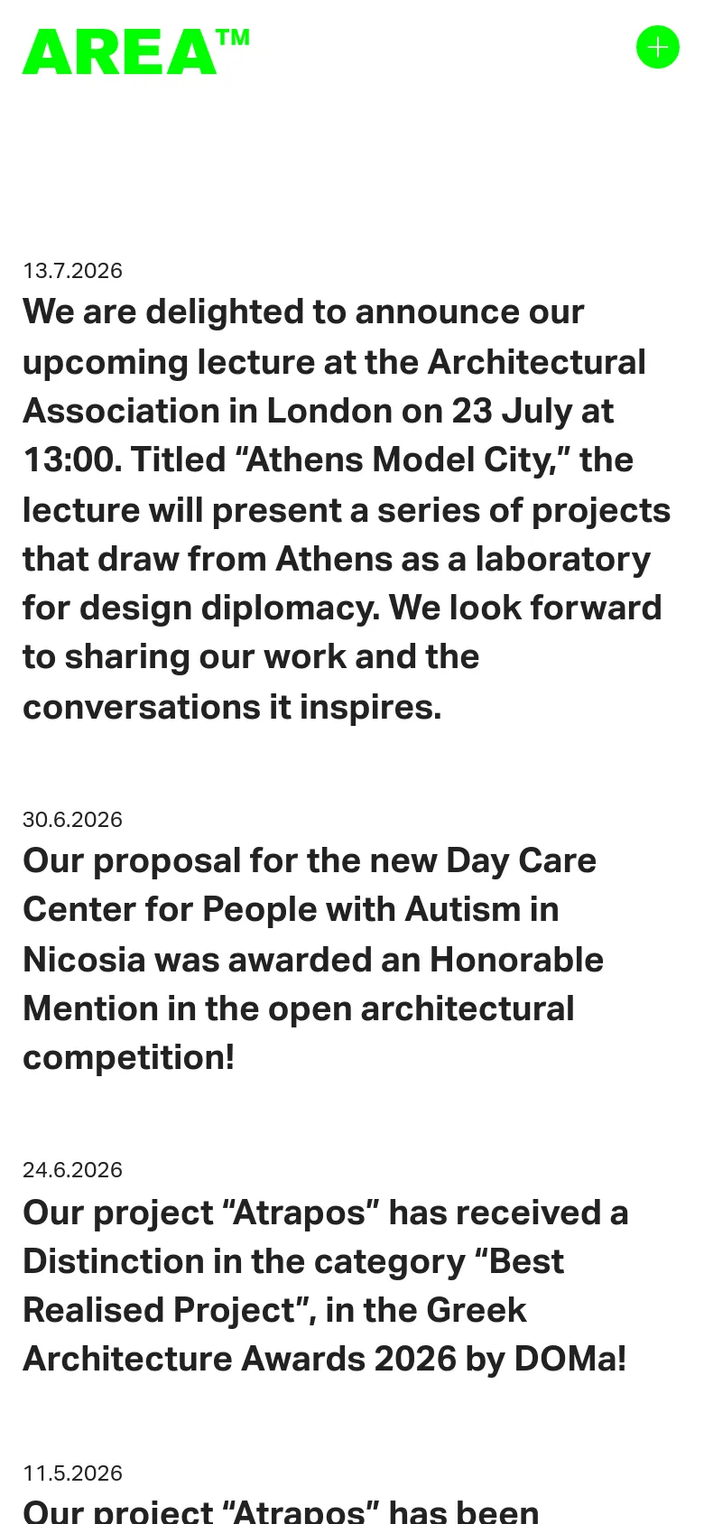 The mobile version maintains the minimalist white aesthetic but simplifies the layout. The green 'AREA' logo is prominent at the top, and the navigation menu is replaced by a green circular plus icon on the right, while the news feed remains a single-column vertical list of text entries.