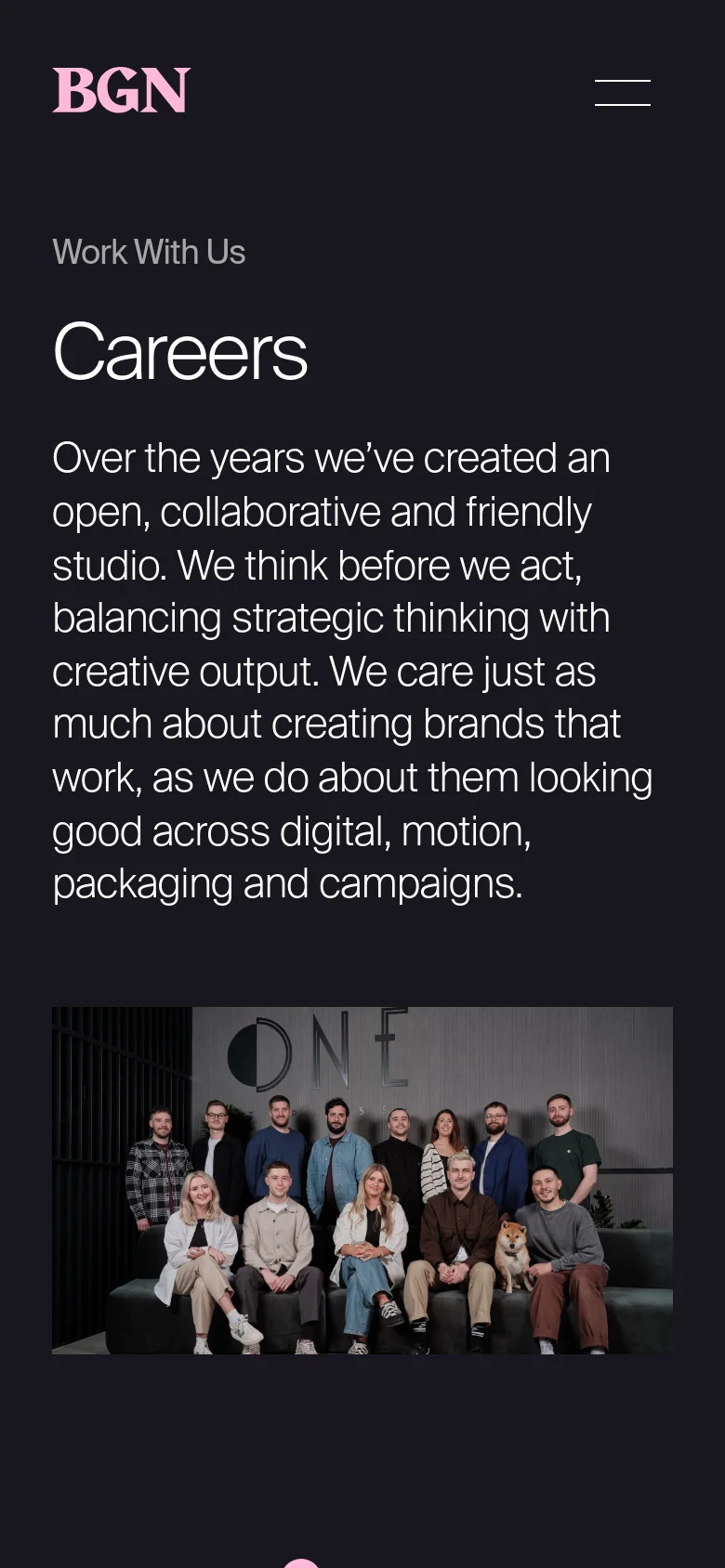 The mobile version maintains the dark aesthetic and white typography but uses a stacked layout. The text is centered and flows vertically, with the large 'Careers' headline and introductory paragraph appearing above the team photograph, which spans the width of the screen. The navigation is condensed into a hamburger menu icon next to the BGN logo.