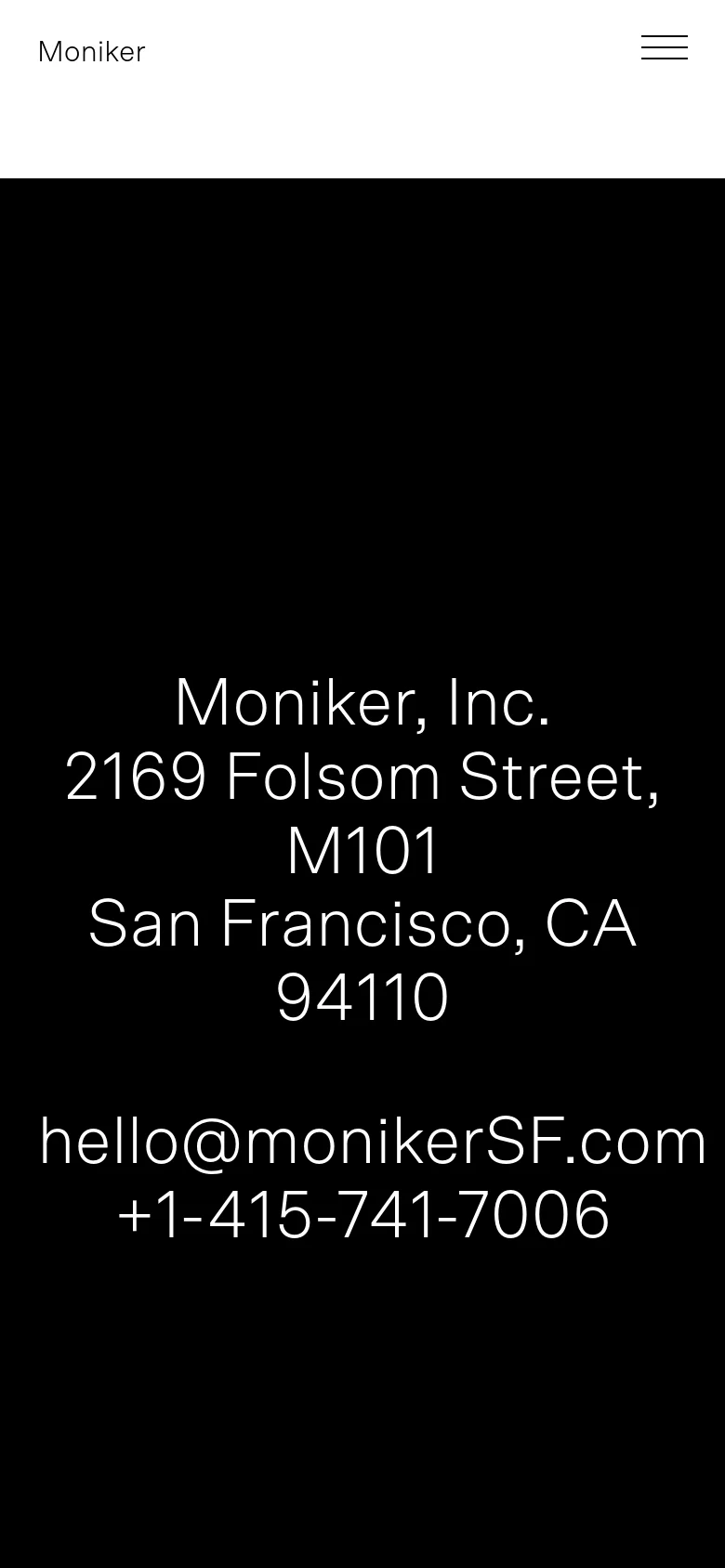 The mobile version maintains the black background and white text but simplifies the layout. The navigation menu is replaced by a hamburger icon at the top right, and the contact information is stacked vertically in the center of the screen.