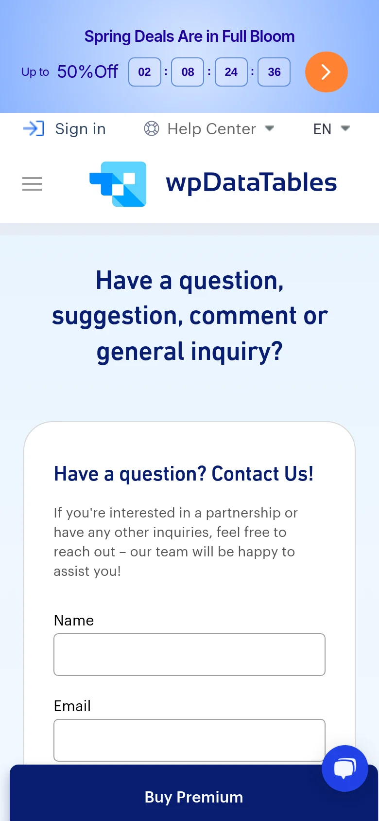 The mobile version presents a single-column layout where the large headline is followed by the contact form card, which then transitions into the technical support card below it. The navigation bar is condensed into a hamburger menu icon, and a prominent 'Buy Premium' button is fixed to the bottom of the screen.