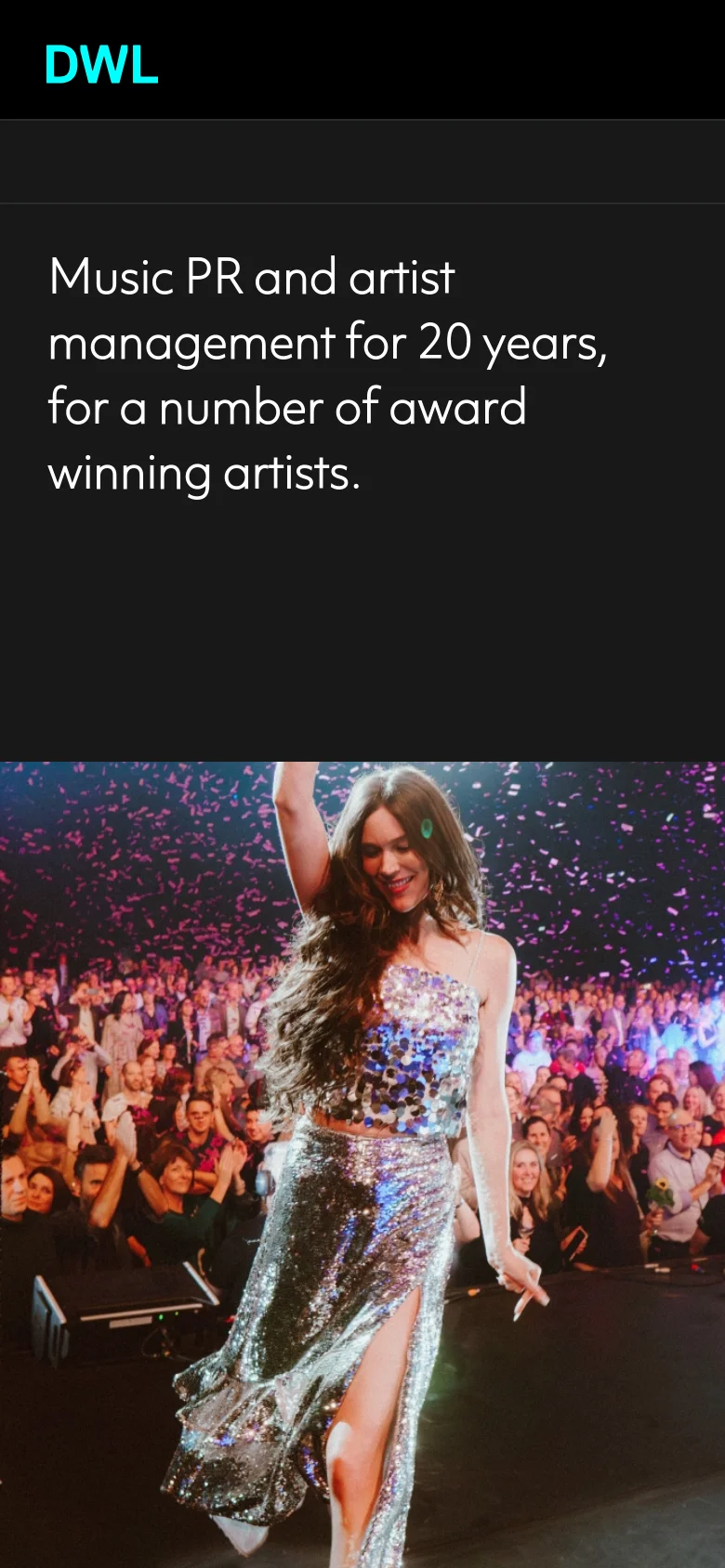 The mobile version uses a single-column vertical layout, stacking the text headline above a large, full-width hero image of a performer in a sequined dress. The artist gallery is simplified into a vertical scroll, prioritizing large imagery over the multi-column grid seen on desktop.