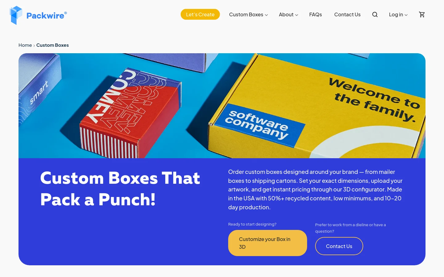 Desktop view of the Custom Boxes page featuring a large hero image of colorful branded boxes on a blue background. The headline 'Custom Boxes That Pack a Punch!' is prominent, followed by descriptive text and two call-to-action buttons: a gold 'Customize your Box in 3D' button and a blue 'Contact Us' button. The navigation bar at the top includes the Packwire logo, menu links, and a search icon.