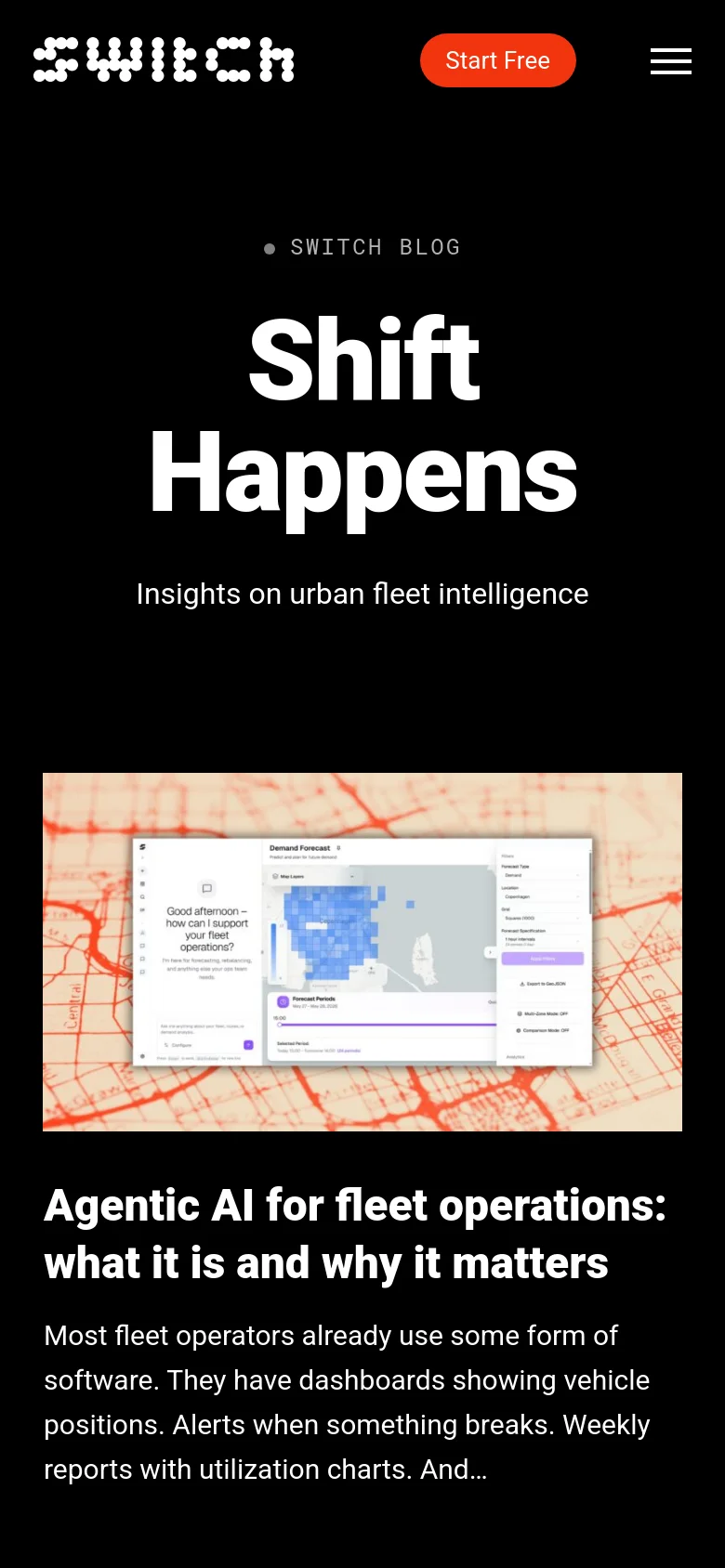 The mobile version of the blog page uses a single-column vertical layout on a black background. The 'Shift Happens' headline and hero image are centered and scaled down, followed by the featured article title and a brief text excerpt. The navigation is condensed into a hamburger menu icon next to a 'Start Free' button.