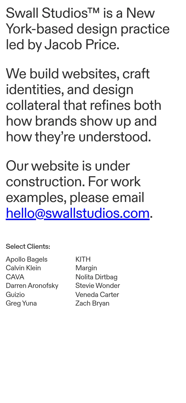 The mobile version maintains the minimalist white and black aesthetic but uses a single-column vertical layout. The text is stacked vertically, making the headlines and the blue email link prominent for easy tapping on a smaller screen.