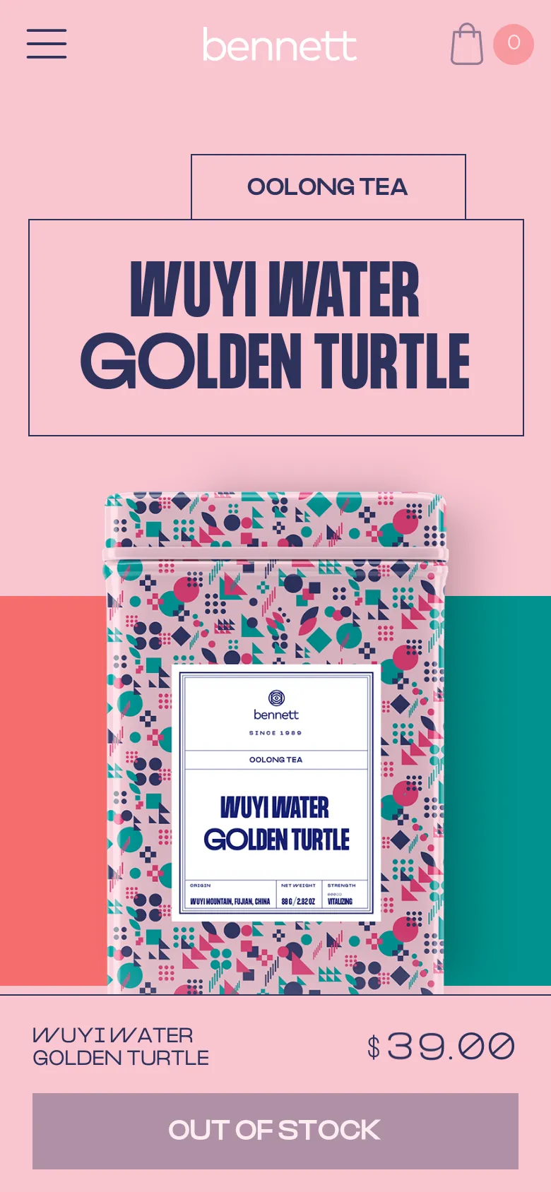 The mobile version presents a vertically stacked layout with the 'bennett' logo and shopping bag icon at the top. The large 'OOLONG TEA' headline and product name are centered above a large image of the patterned tea bag, followed by the price and a prominent 'OUT OF STOCK' button at the bottom.