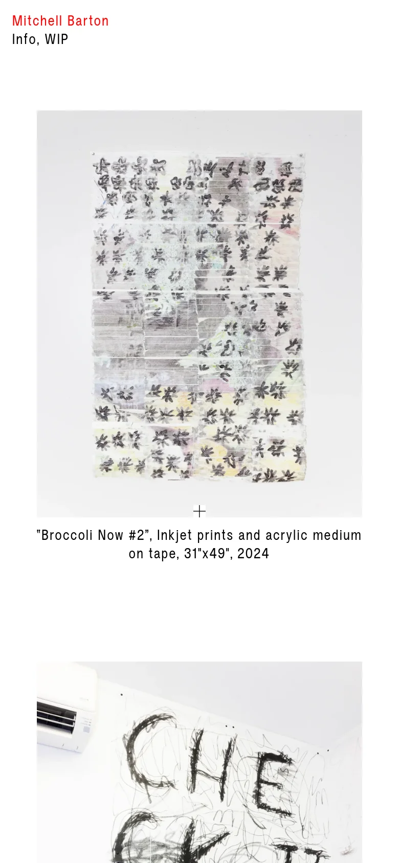 The mobile version maintains the minimalist aesthetic with red text on a white background but transitions to a single-column vertical scroll. The artwork images and their corresponding titles are stacked vertically, making the content easier to navigate on a smaller screen.