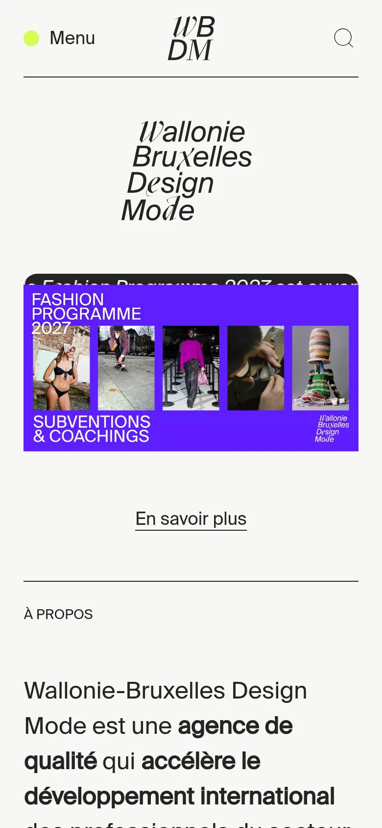 The mobile version presents a vertically stacked layout optimized for small screens, starting with the large stylized brand title. The 'Fashion Programme 2027' banner is condensed, displaying a collage of five smaller fashion images within a purple block. Navigation is simplified with a 'Menu' button and a search icon at the top, followed by text-heavy sections like 'À propos' that flow vertically.