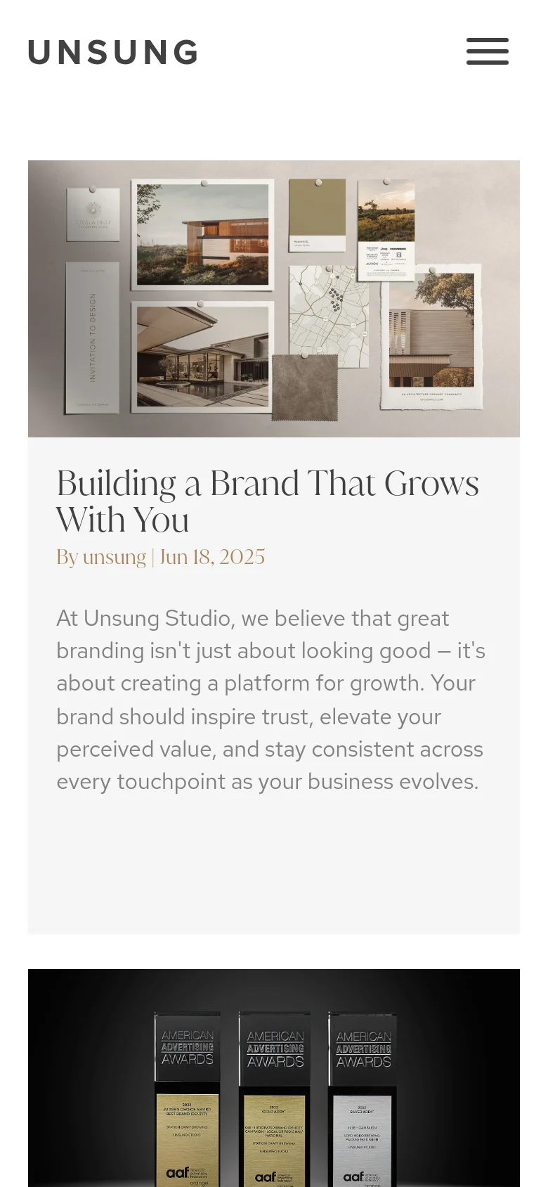 The mobile version transitions to a single-column vertical stack of large content cards to ensure readability on small screens. The desktop navigation menu is replaced by a hamburger icon in the top right, and the hero images and text occupy the full width of the viewport.