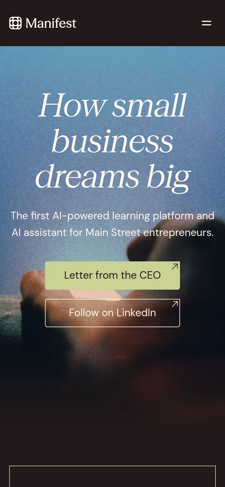 The mobile version shows a vertically stacked layout with the Manifest logo and a hamburger menu icon at the top. The hero section features the same large white serif headline and subheadline over a blurred sunset background, with the two call-to-action buttons appearing larger and centered for easier tapping.