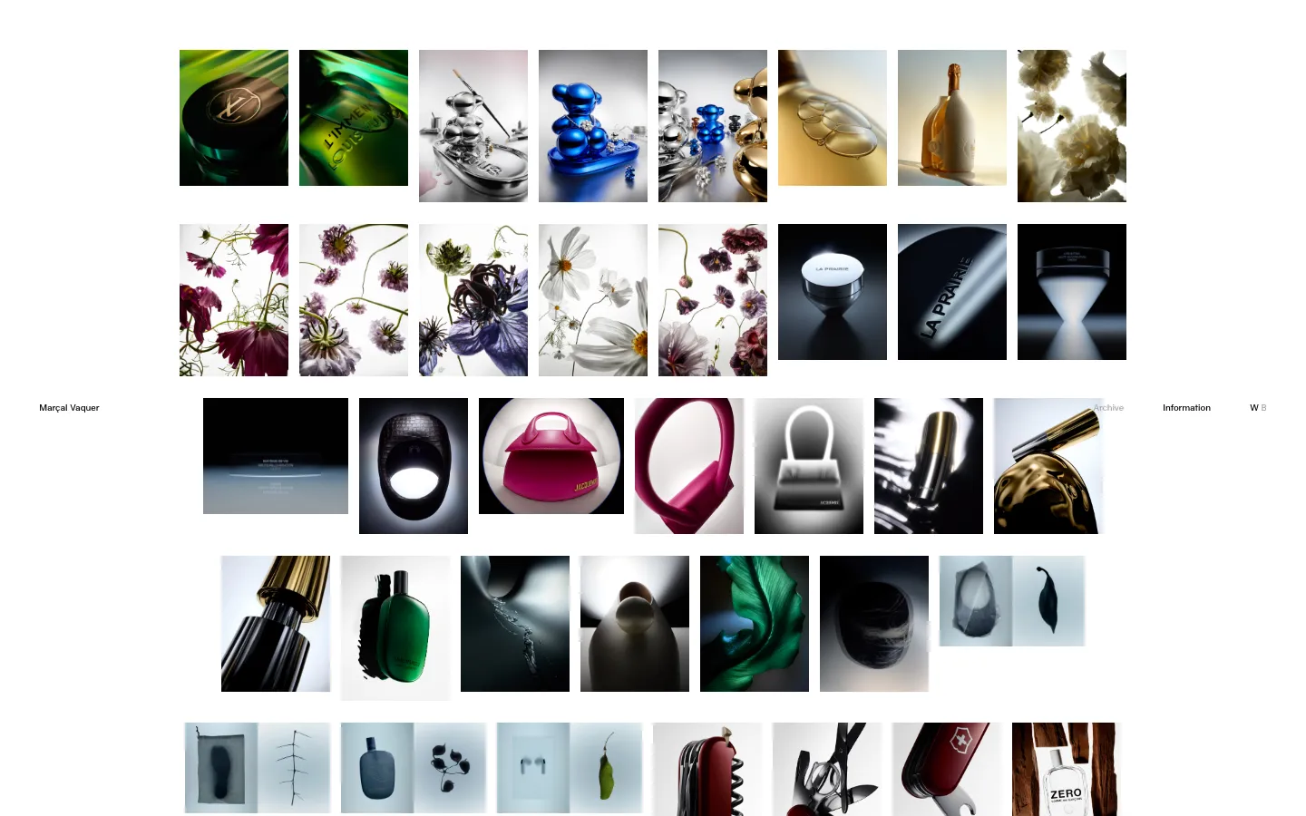 The desktop archive page features a minimalist white layout with a grid of high-quality still life photography showcasing objects, light, and textures. Each image is accompanied by project titles and credits, such as Louis Vuitton and Tous, arranged in a clean, spacious column format. The navigation menu is positioned at the top with the name 'Marçal Vaquer' on the left and 'Archive' and 'Information' on the right.