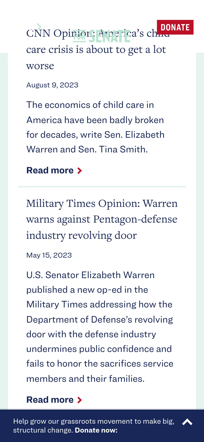 The mobile version presents a single-column layout optimized for small screens, with the 'For Senate' logo and red 'Donate' button at the top. The news articles are stacked vertically with large, legible text, and a dark blue donation banner remains fixed at the bottom of the viewport.